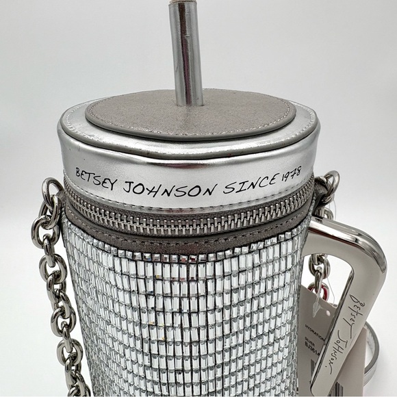Betsey Johnson Silver Crystal Hydration Crossbody Bag | Rhinestone Tumbler Purse - Picture 10 of 17